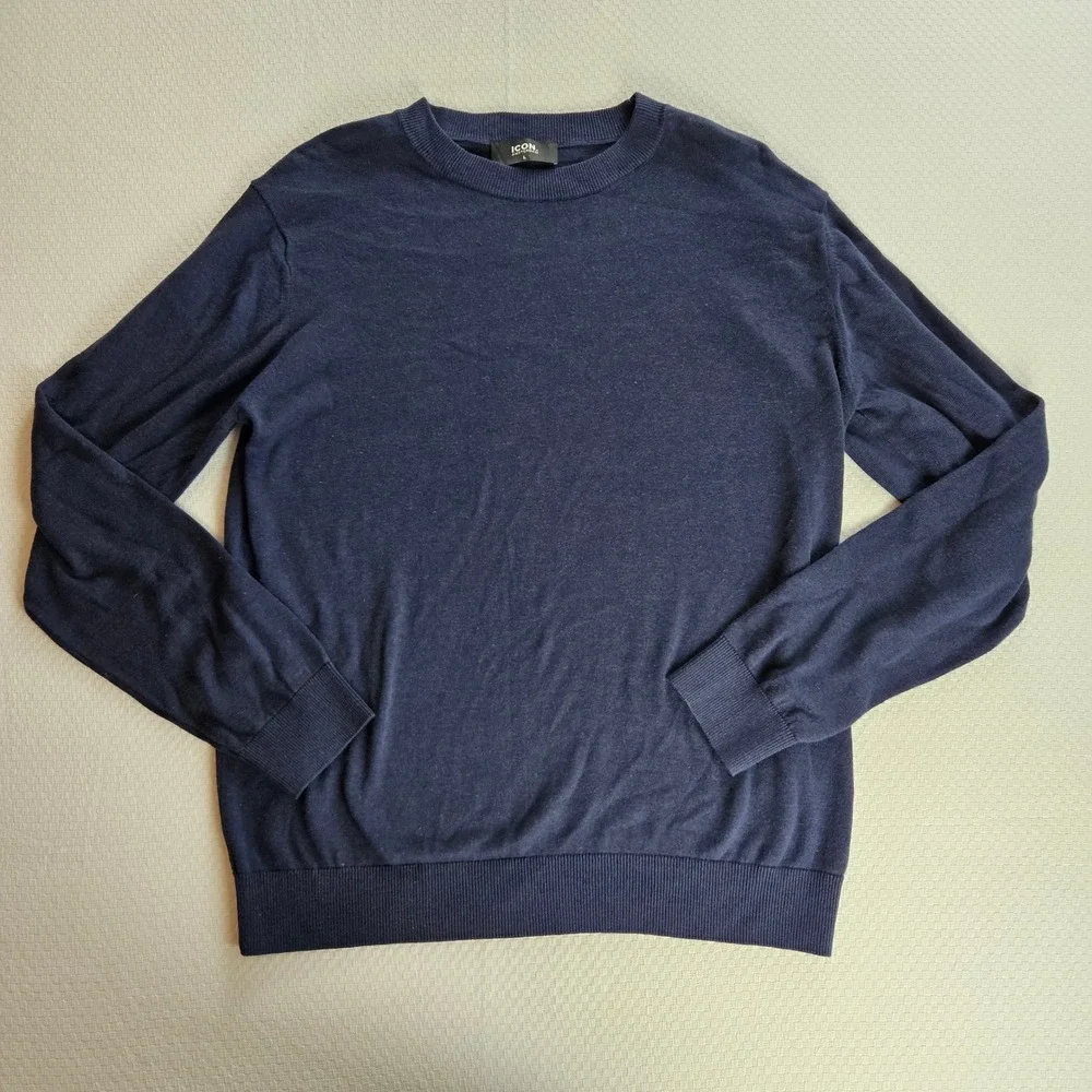 Icon Amsterdam Mens L Navy Crewneck Sweater Quiet Luxury Minimalism Heritage